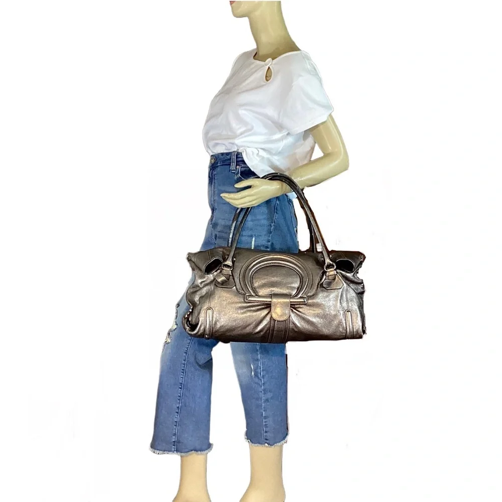 SALVATORE FERRAGAMO METALLIC SILVER/BRONZE LEATHER FOLD OVER SHOULDER BAG